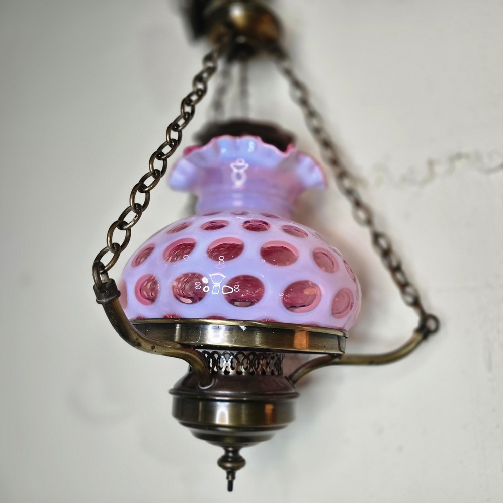 Fenton Cranberry Opalescent Coin Dot Hanging Lamp Brass Chains‎ Wired